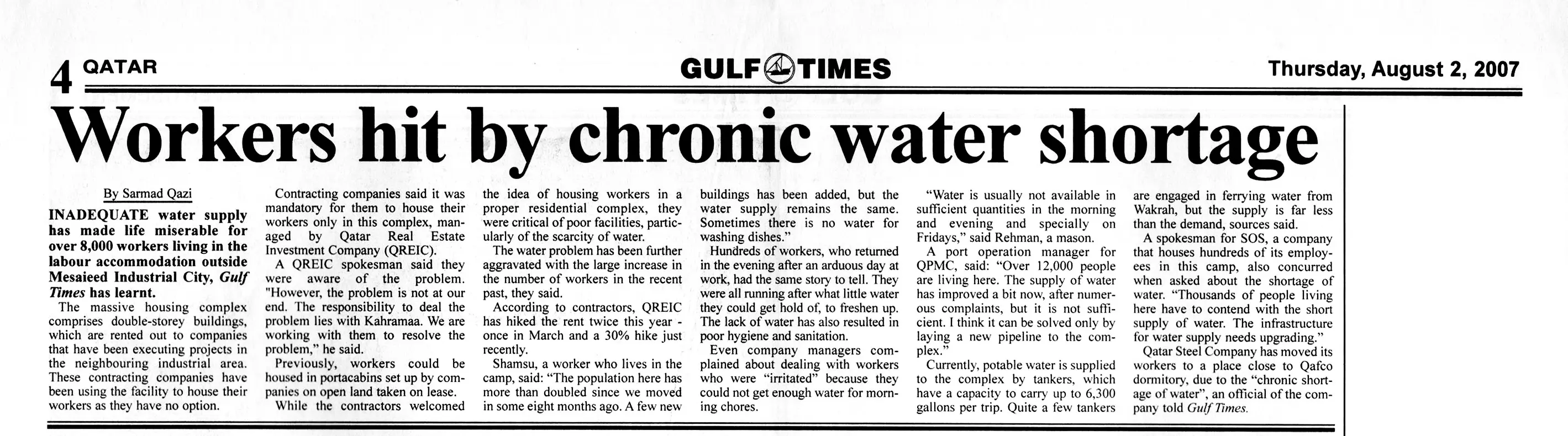 Original Gulf Times clipping: Workers hit by chronic water shortage
