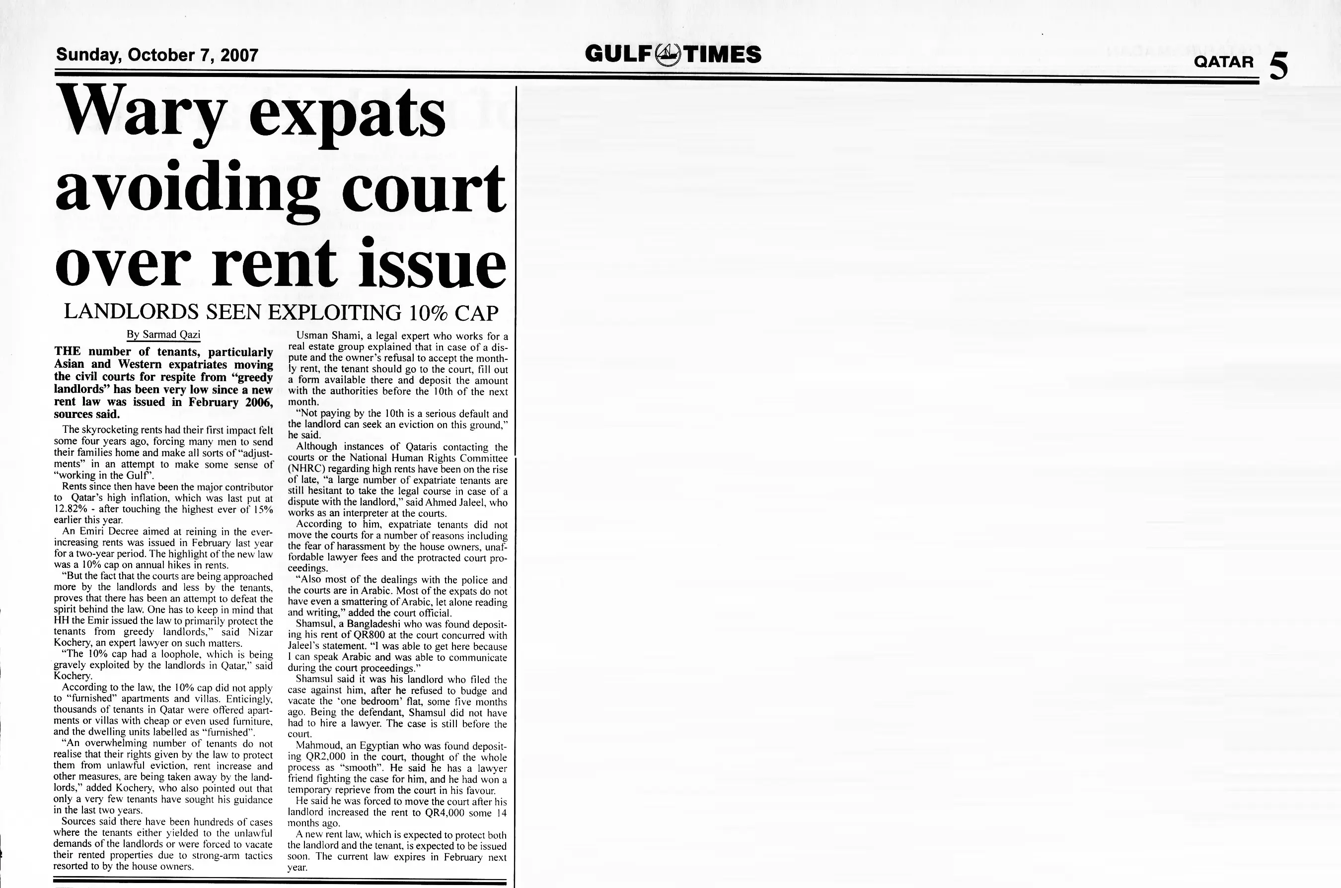 Original Gulf Times clipping: Wary expats avoiding court over rent issue