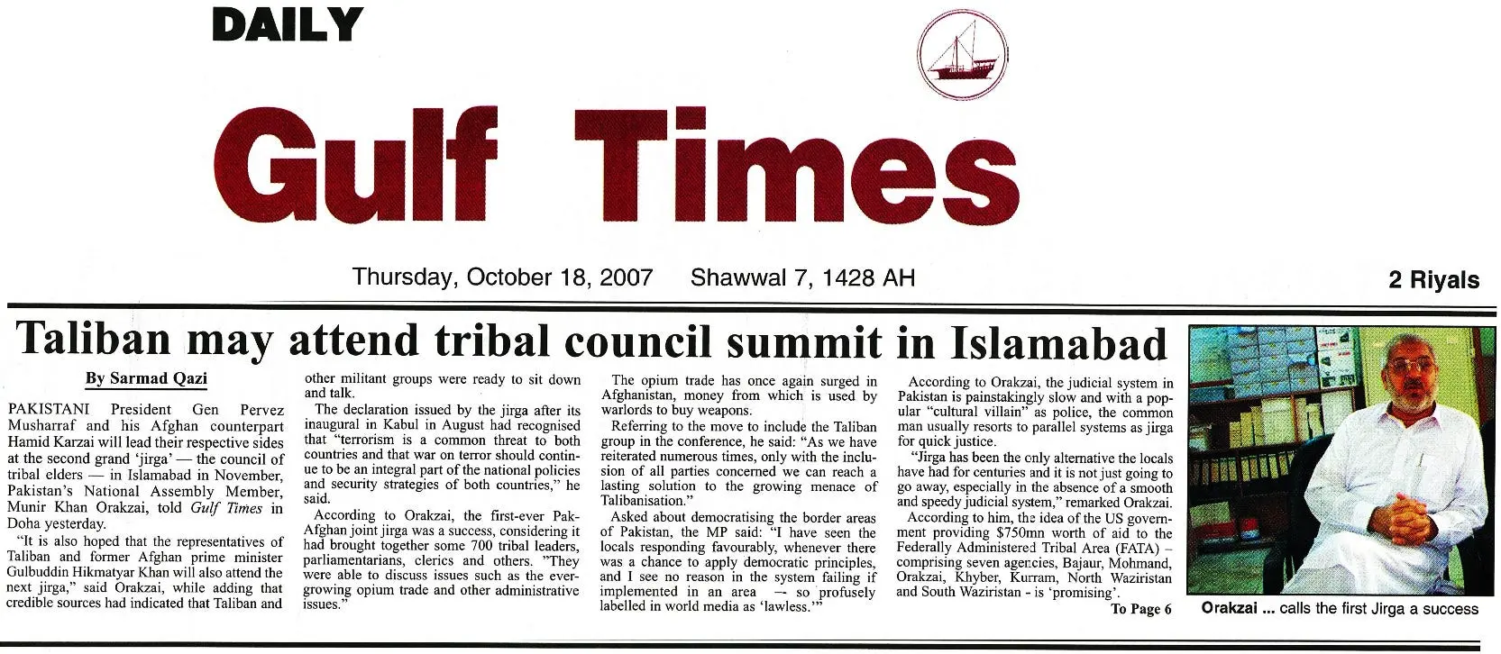 Original Gulf Times clipping: Taliban may attend tribal council summit in Islamabad