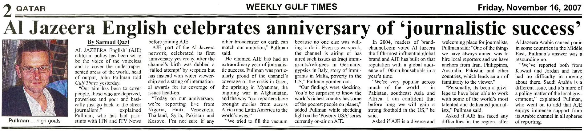 Original Gulf Times clipping: Al Jazeera English celebrates anniversary of 'journalistic success'