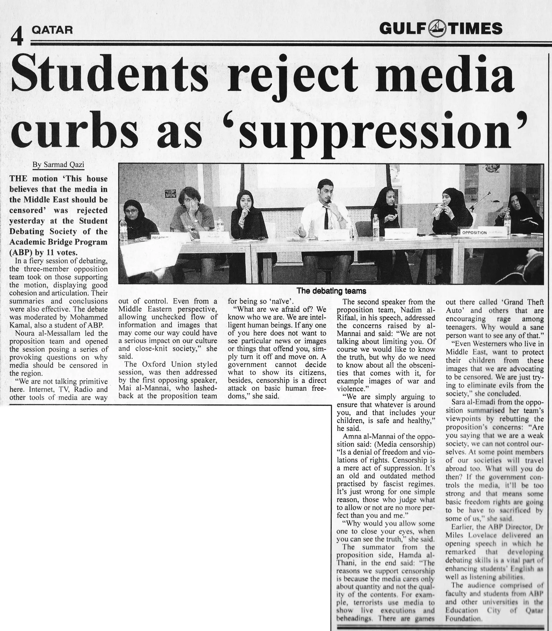 Original Gulf Times clipping: Students reject media curbs as 'suppression'