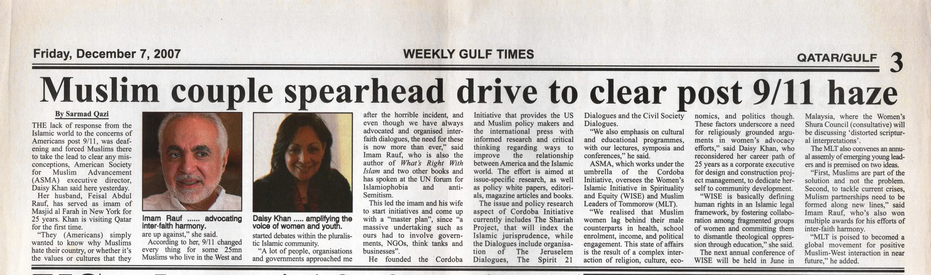 Original Gulf Times clipping: Muslim couple spearhead drive to clear post 911 haze