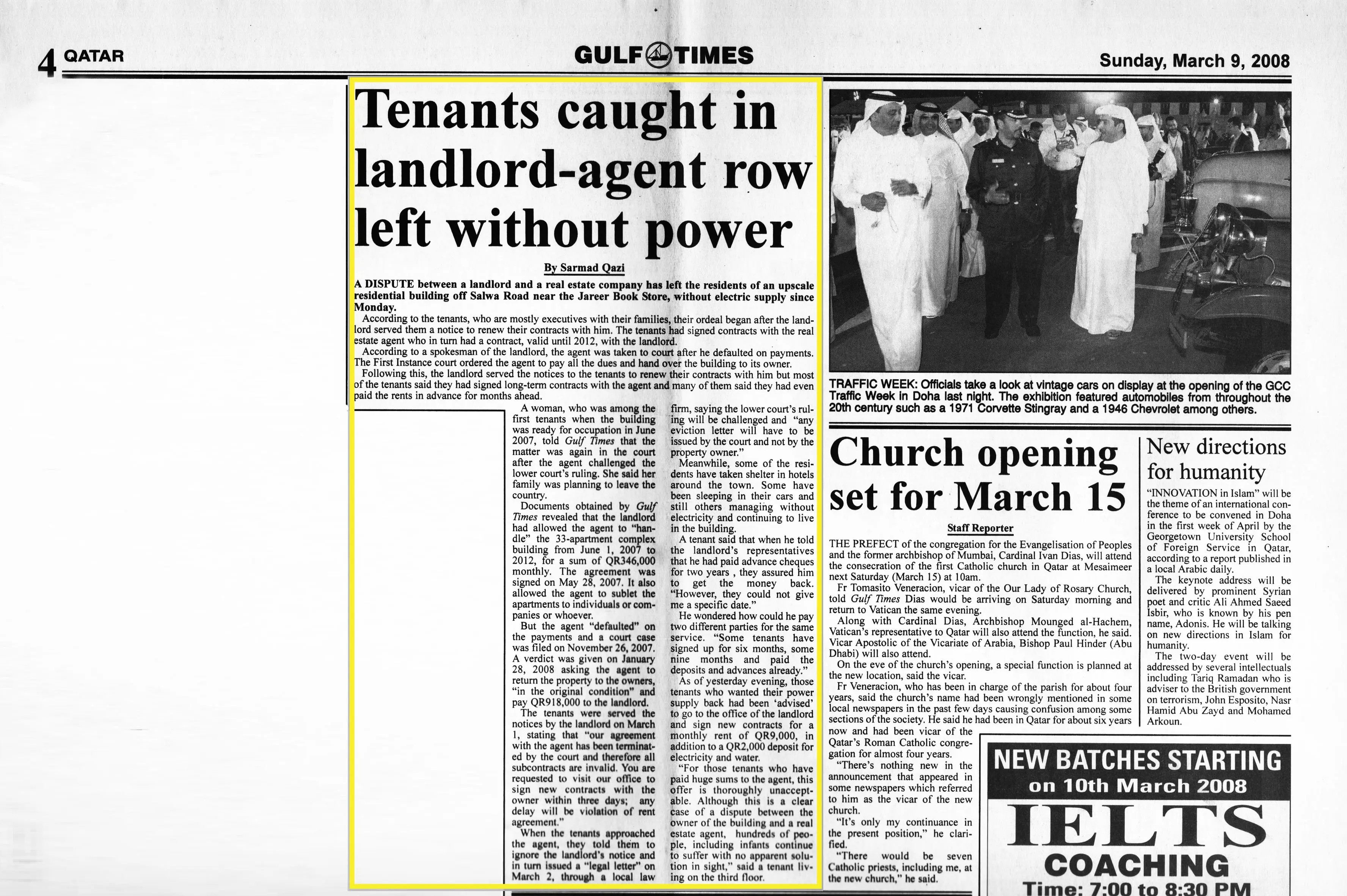 Original Gulf Times clipping: Tenants caught in landlord-agent row left without power