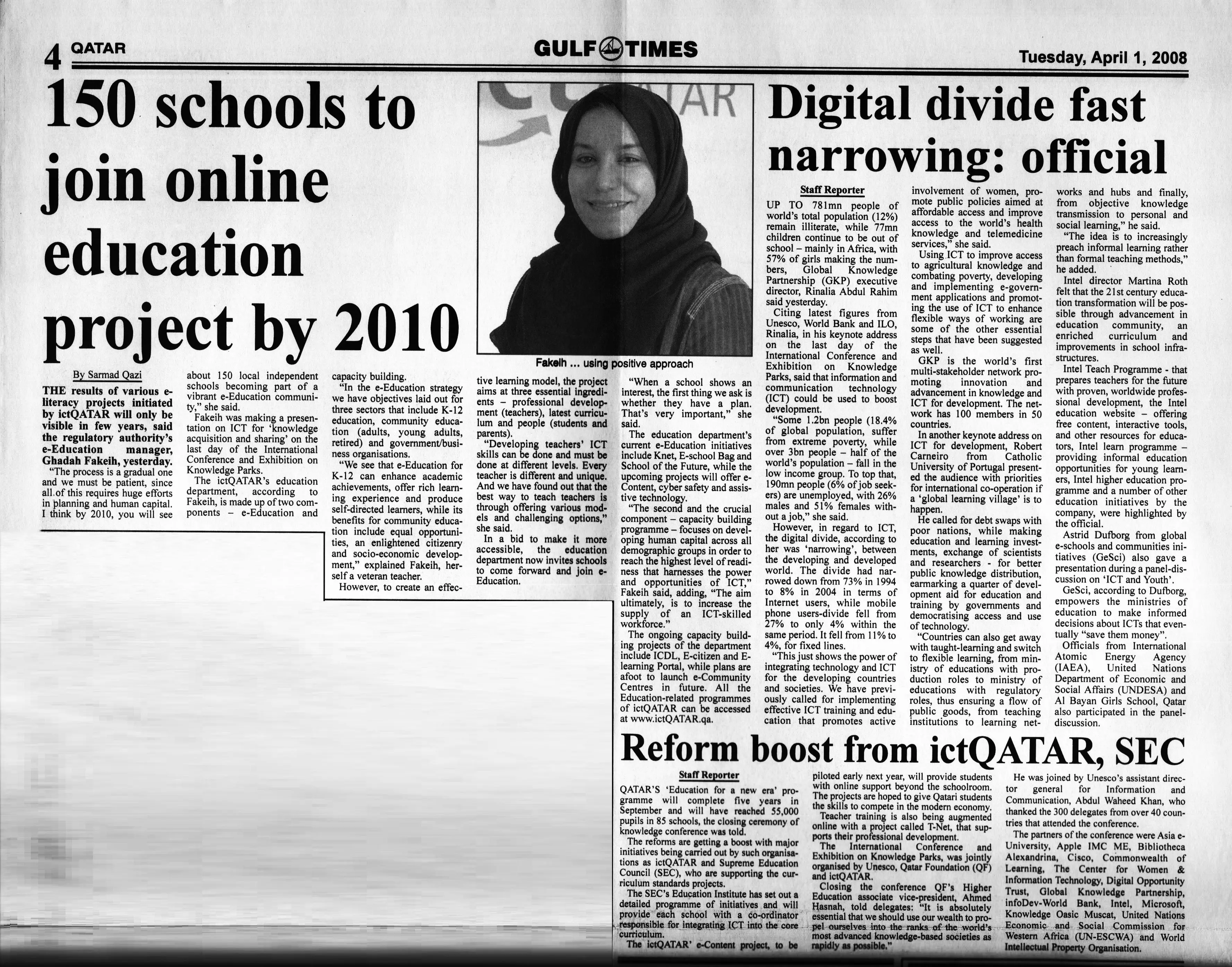 Original Gulf Times clipping: 150 schools to join online education project by 2010