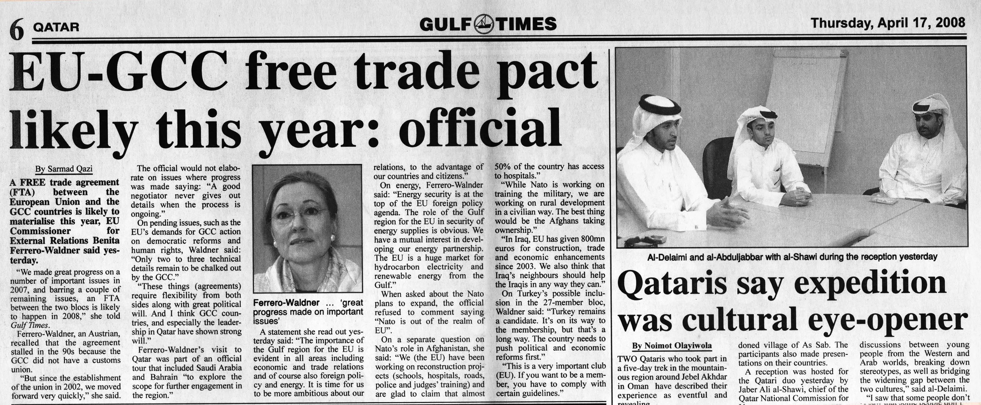 Original Gulf Times clipping: EU-GCC free trade pact likely this year: official