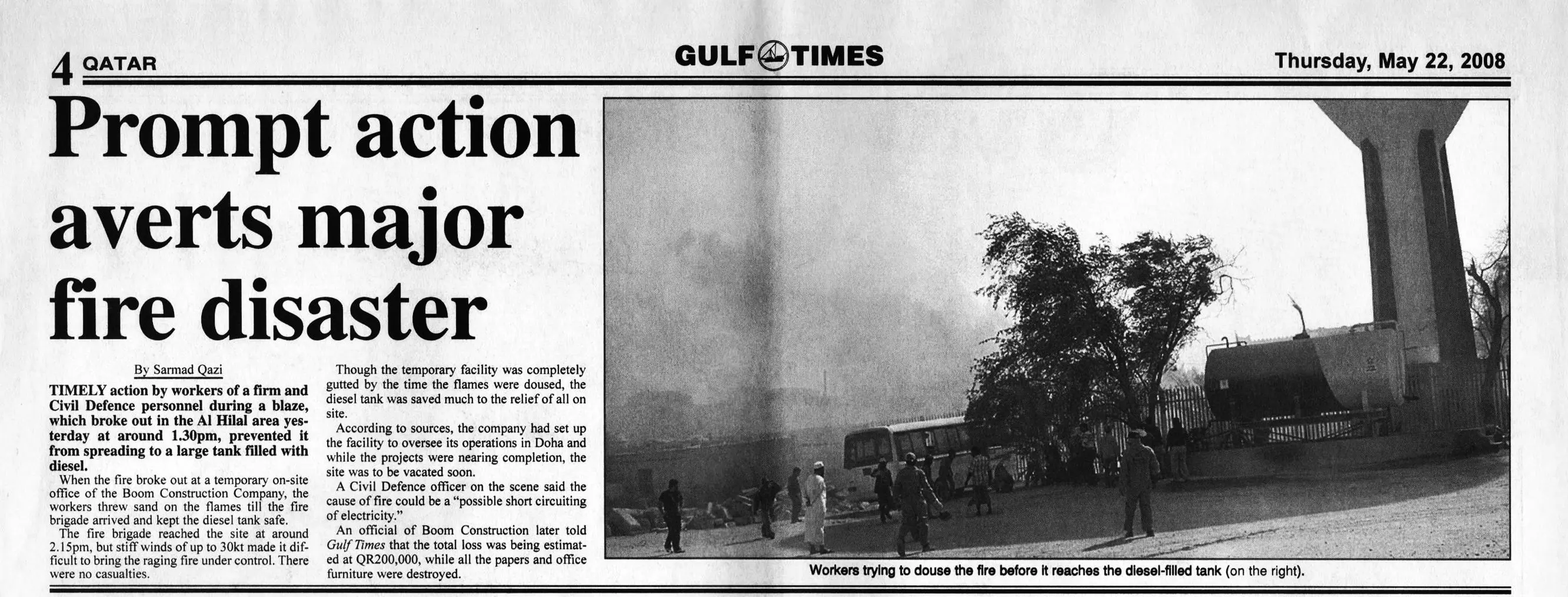 Original Gulf Times clipping: Prompt action averts major fire disaster