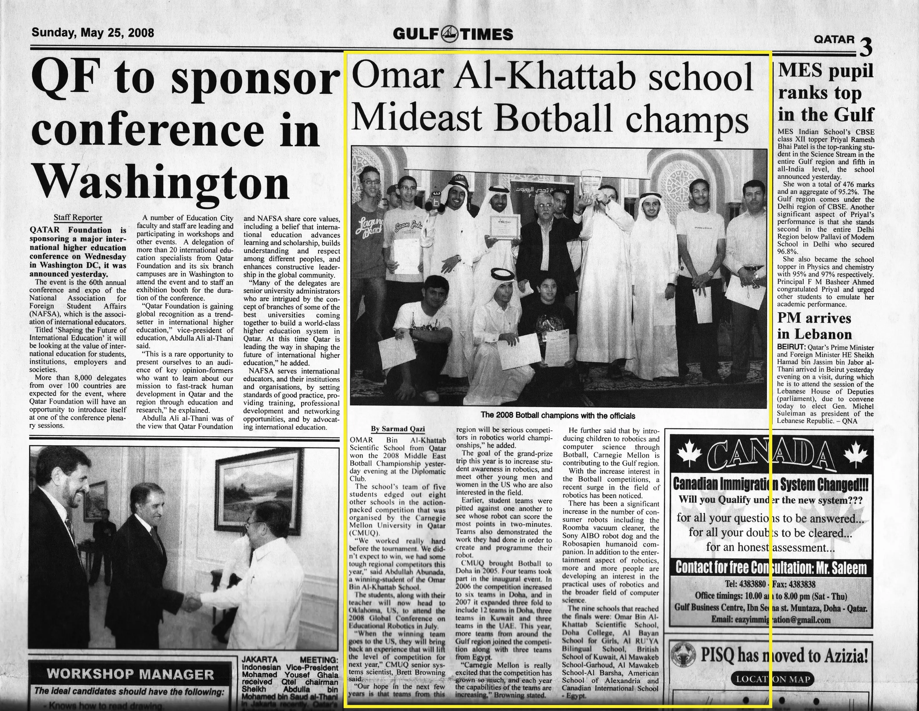 Original Gulf Times clipping: Omar Al-Khattab school Mideast Botball champs