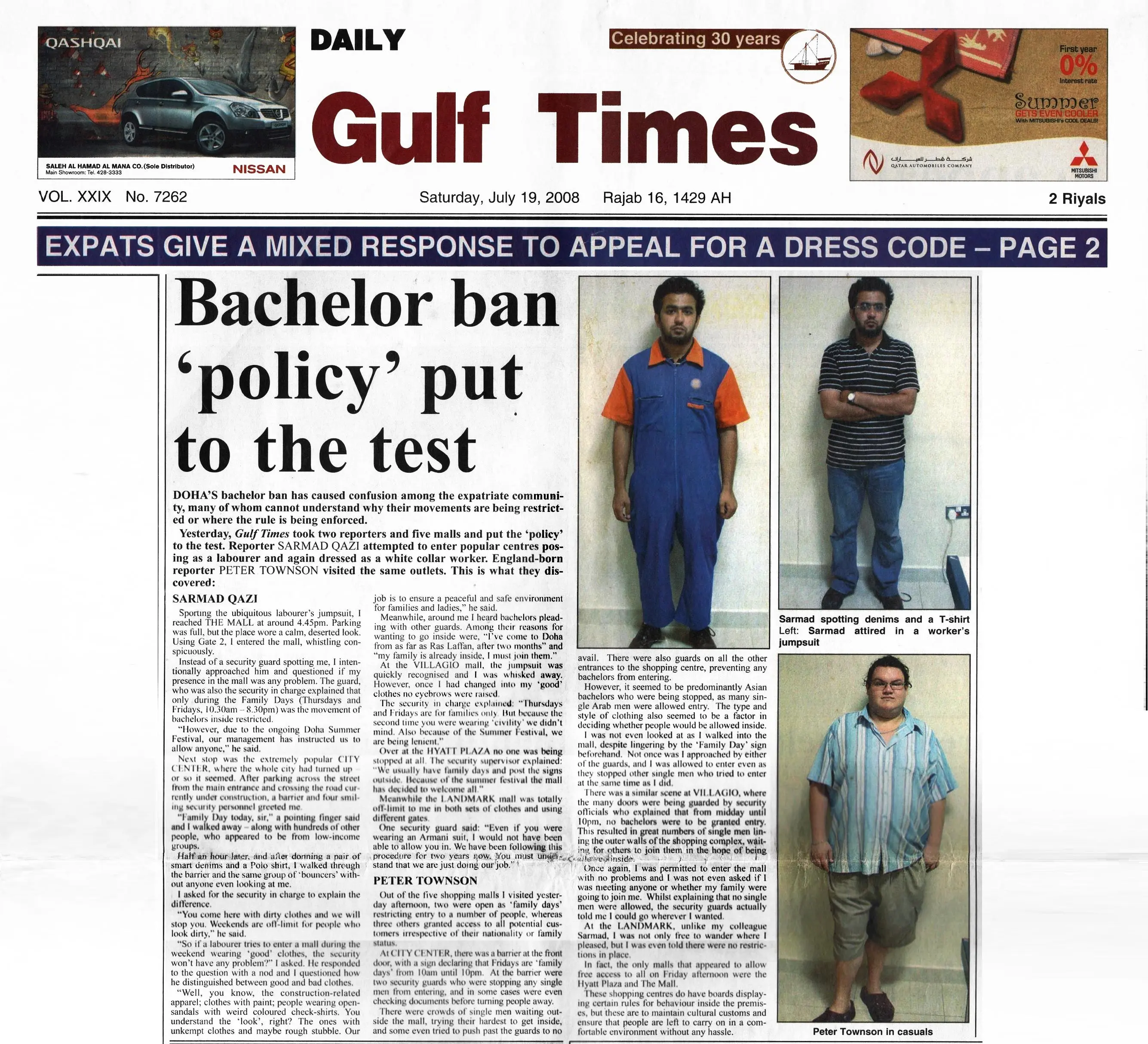 Original Gulf Times clipping: Bachelor ban 'policy' put to the test
