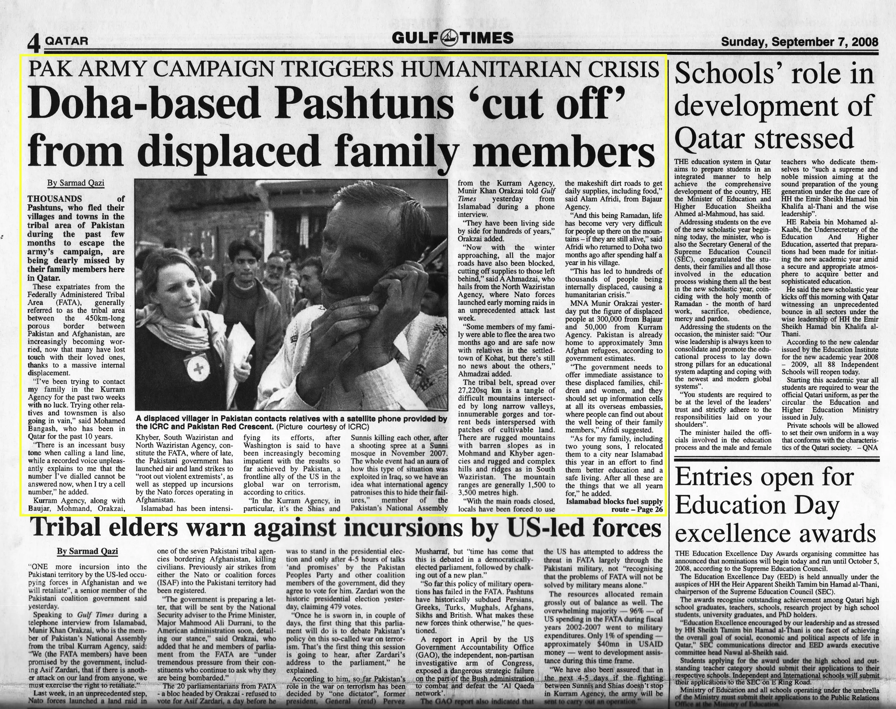 Original Gulf Times clipping: Doha-based Pashtuns 'cut off' from displaced family members