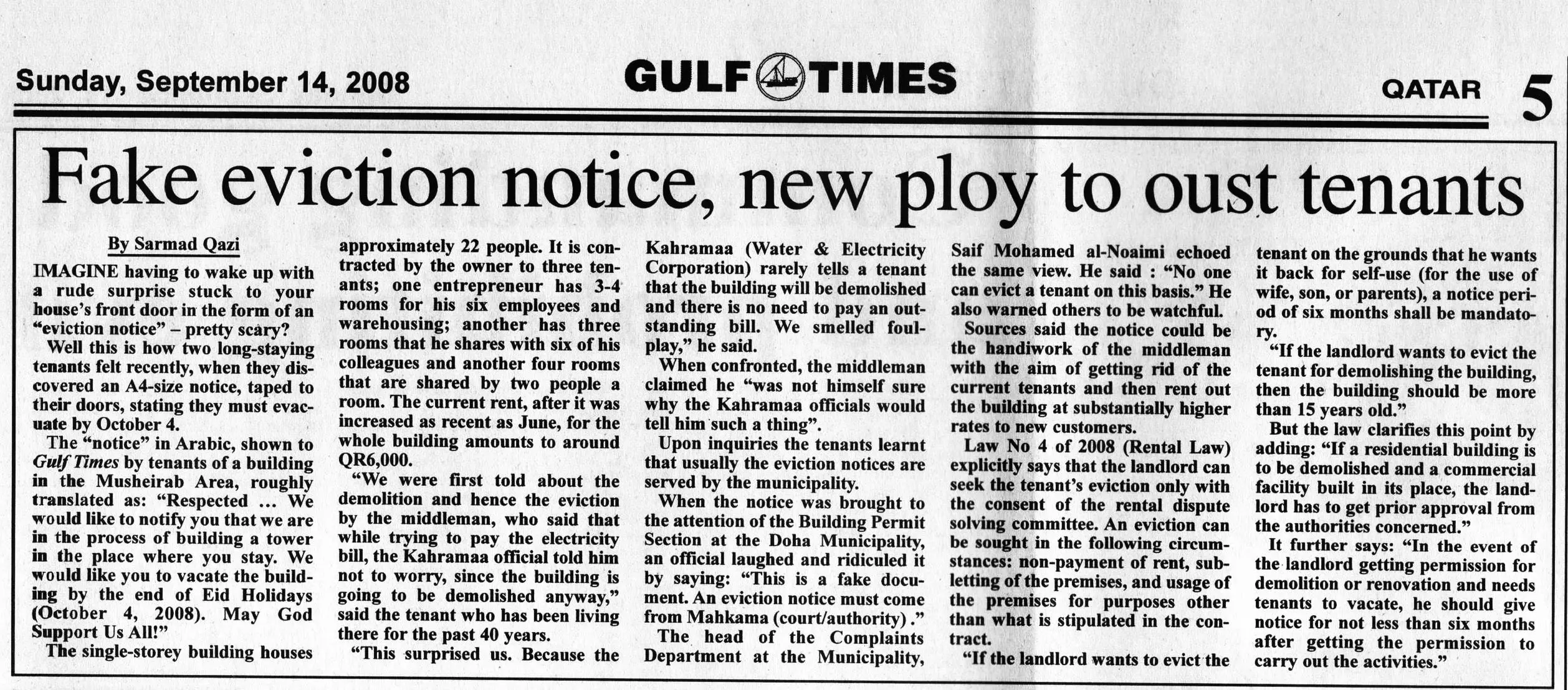 Original Gulf Times clipping: Fake eviction notice, new ploy to oust tenants