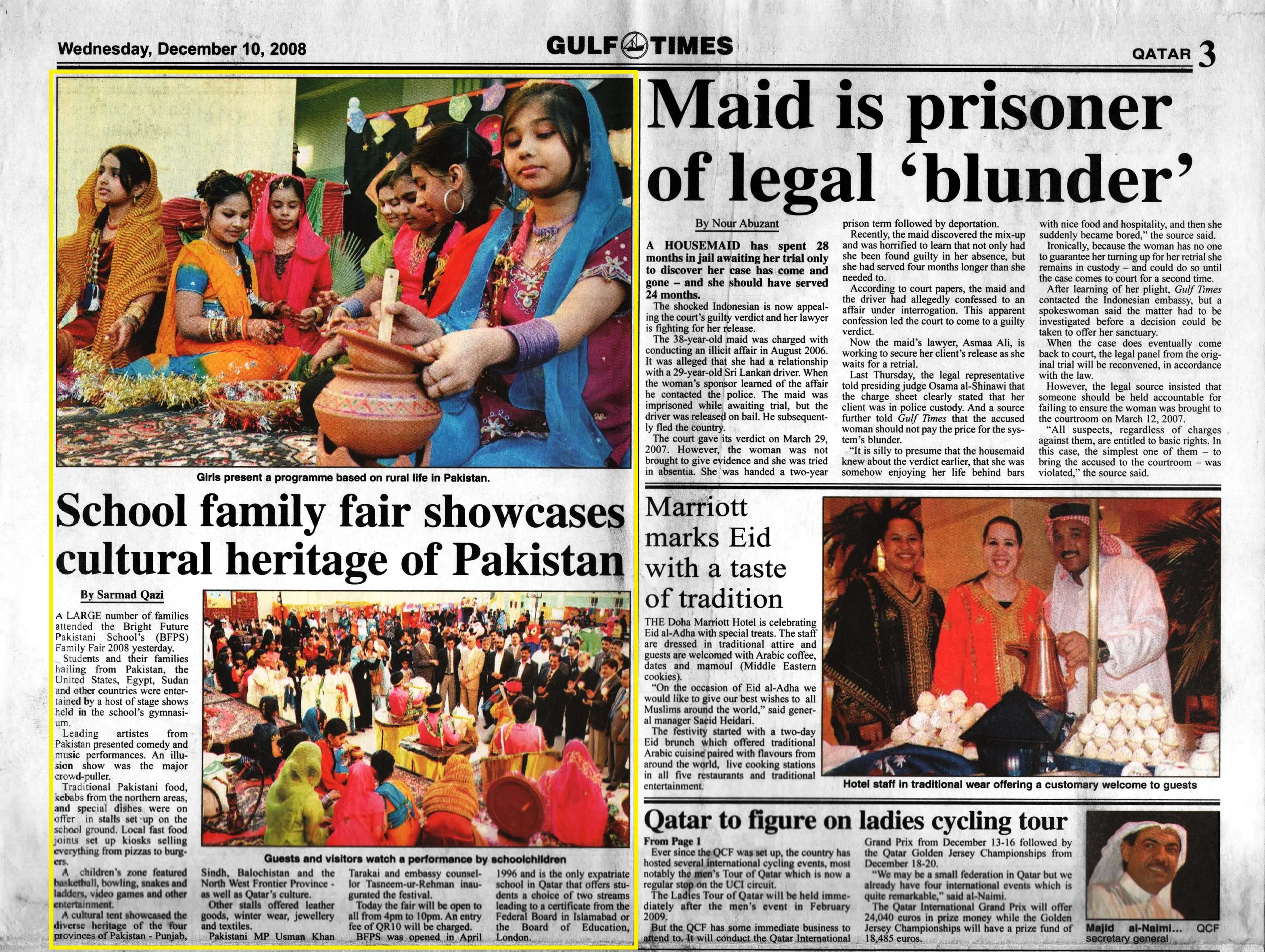 Original Gulf Times clipping: School family fair showcases cultural heritage of Pakistan
