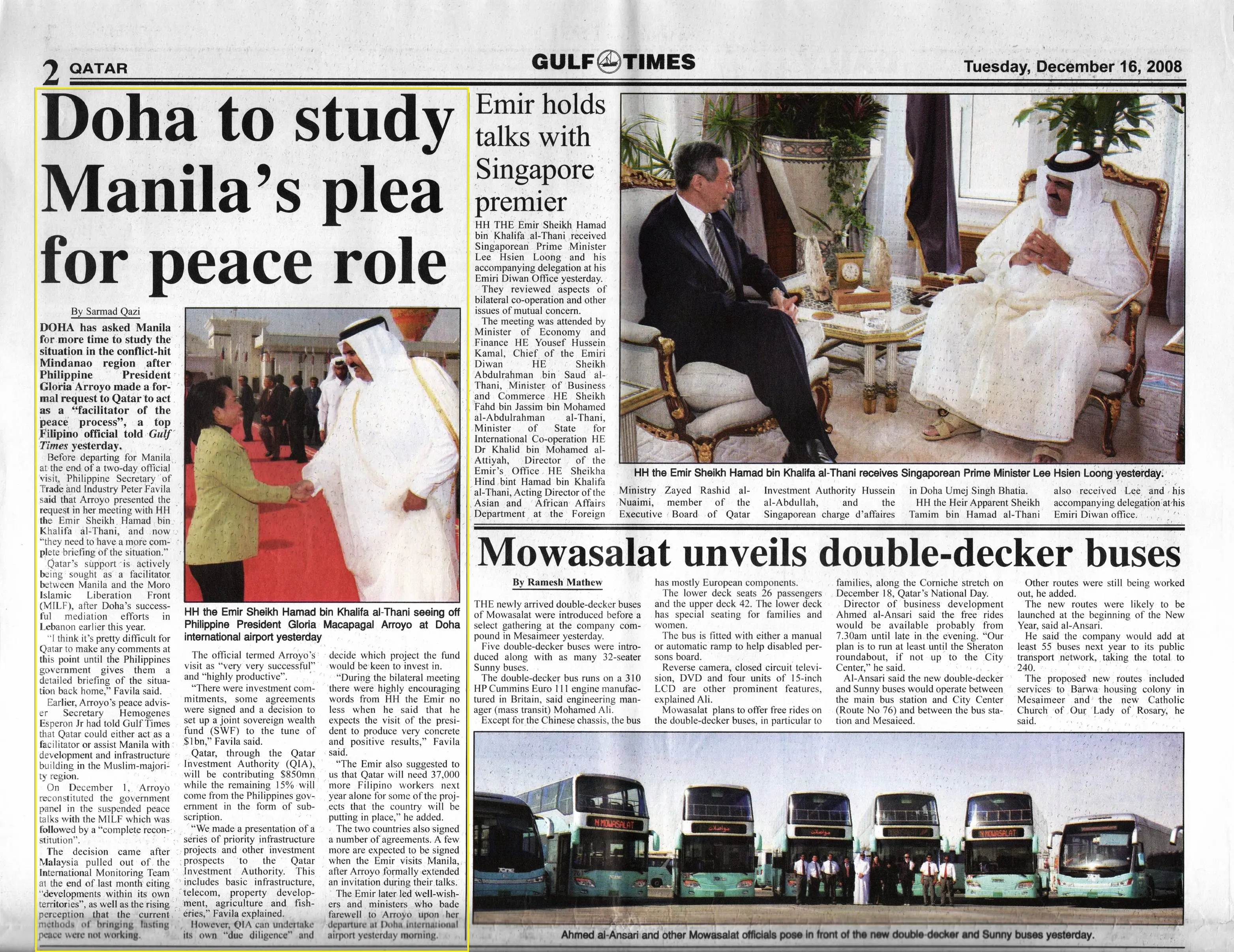 Original Gulf Times clipping: Doha to study Manila's plea for peace role