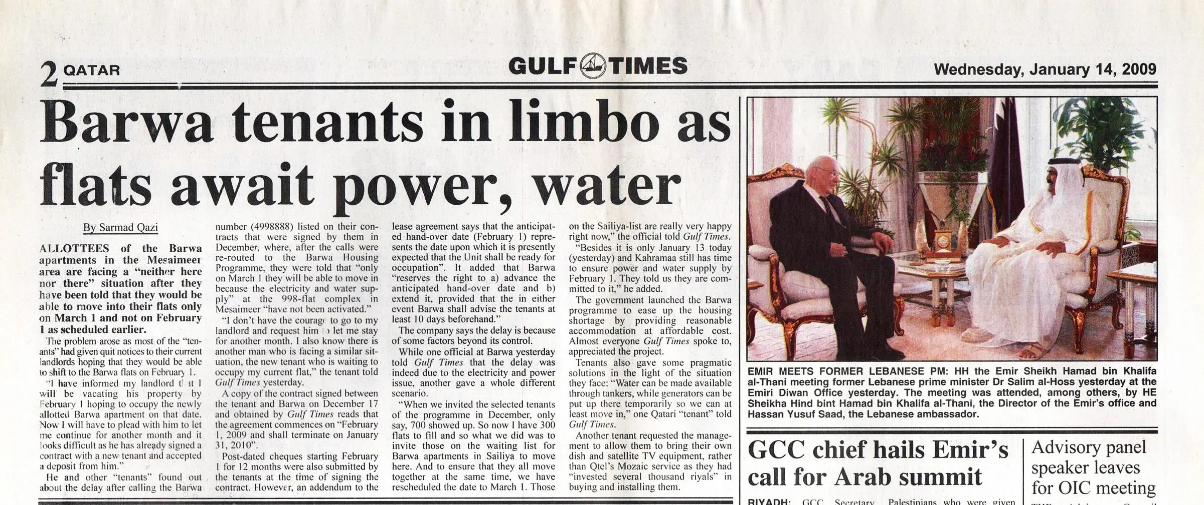 Original Gulf Times clipping: Barwa tenants in limbo as flats await power, water