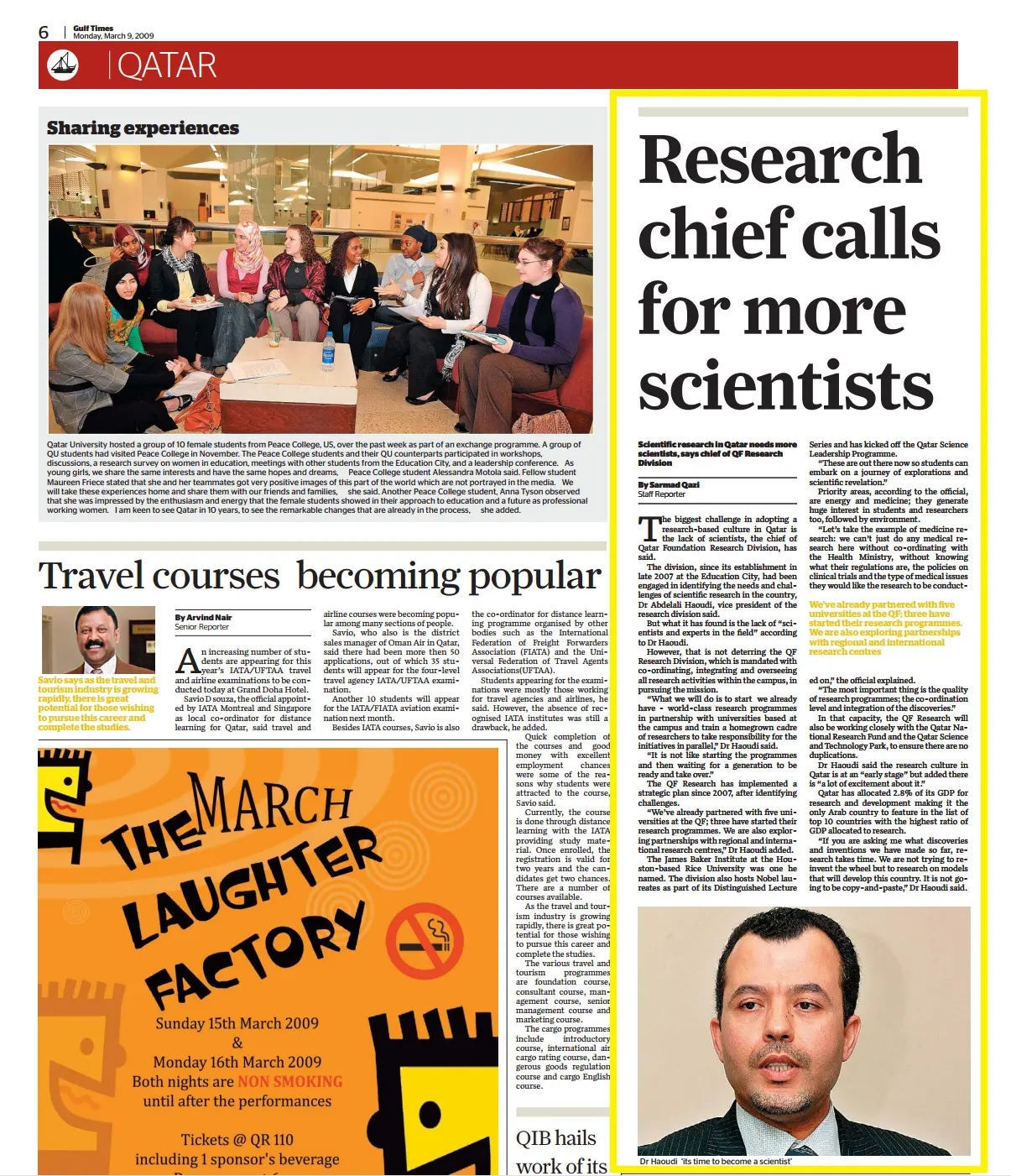 Original Gulf Times clipping: Research chief calls for more scientists