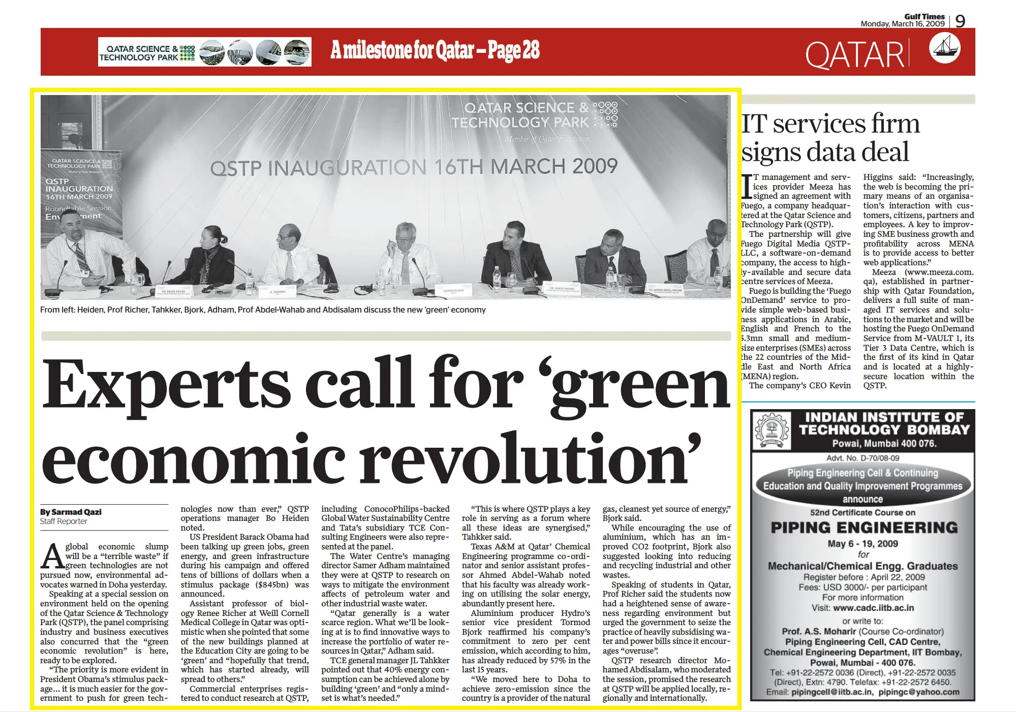 Original Gulf Times clipping: Experts call for 'green economic revolution'