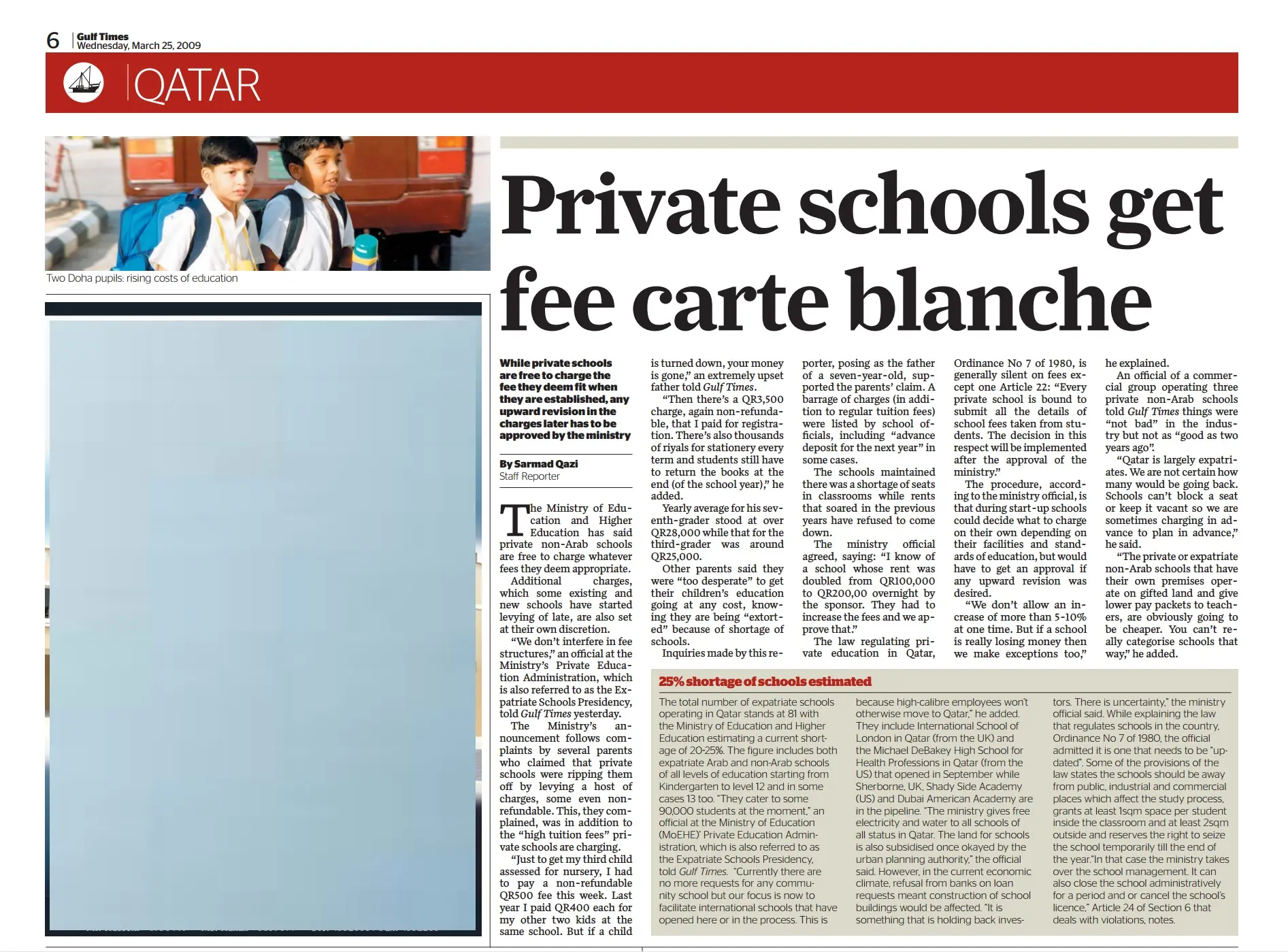 Original Gulf Times clipping: Private schools get fee carte blanche