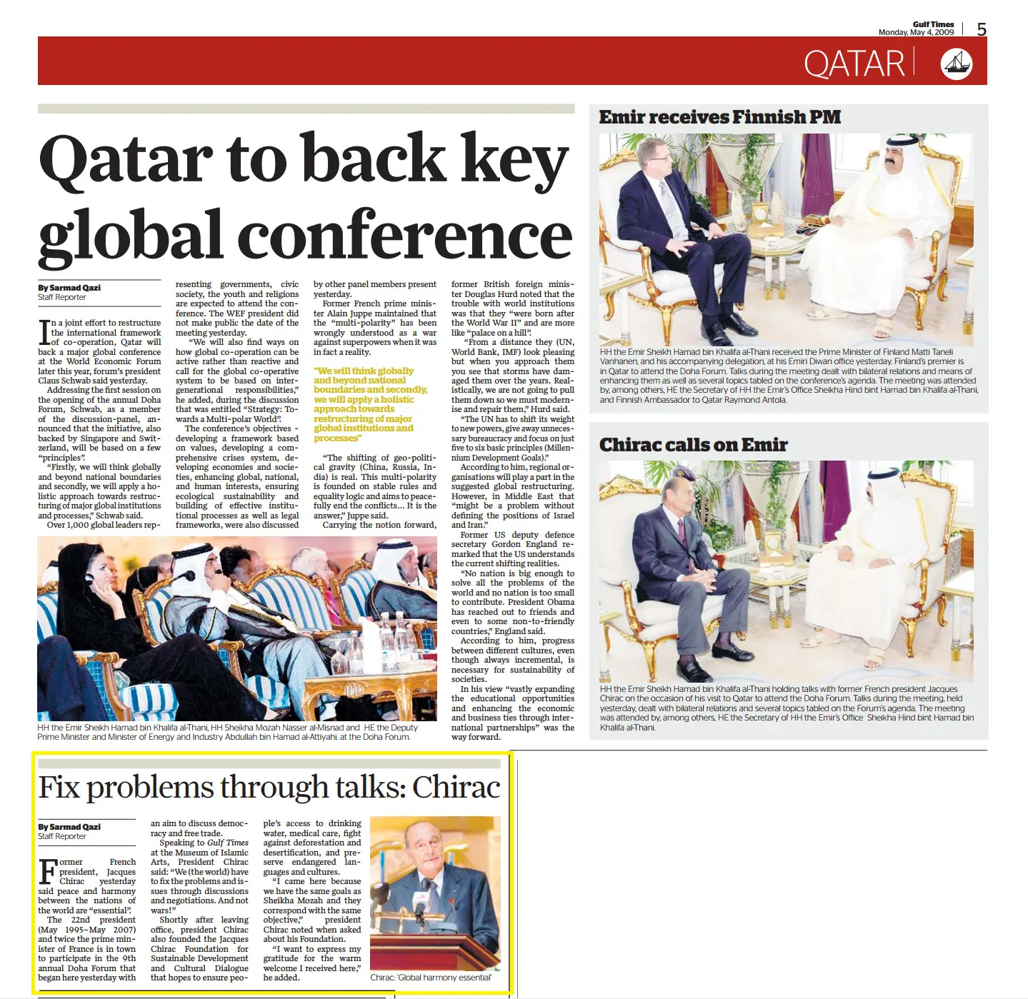 Original Gulf Times clipping: Fix problems through talks, Chirac