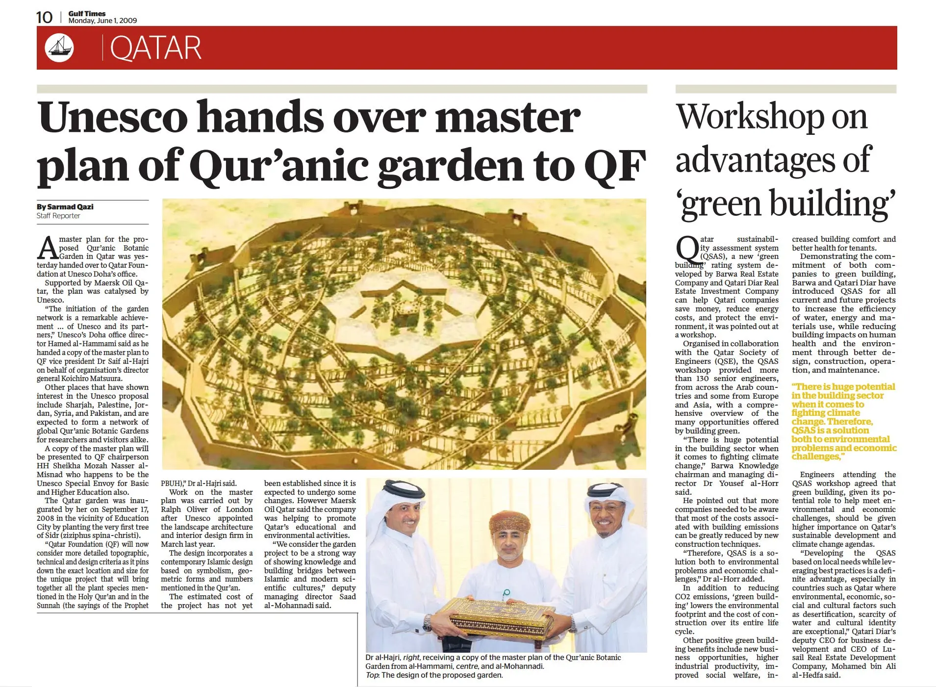 Original Gulf Times clipping: Unesco hands over master plan of Qur'anic garden to QF