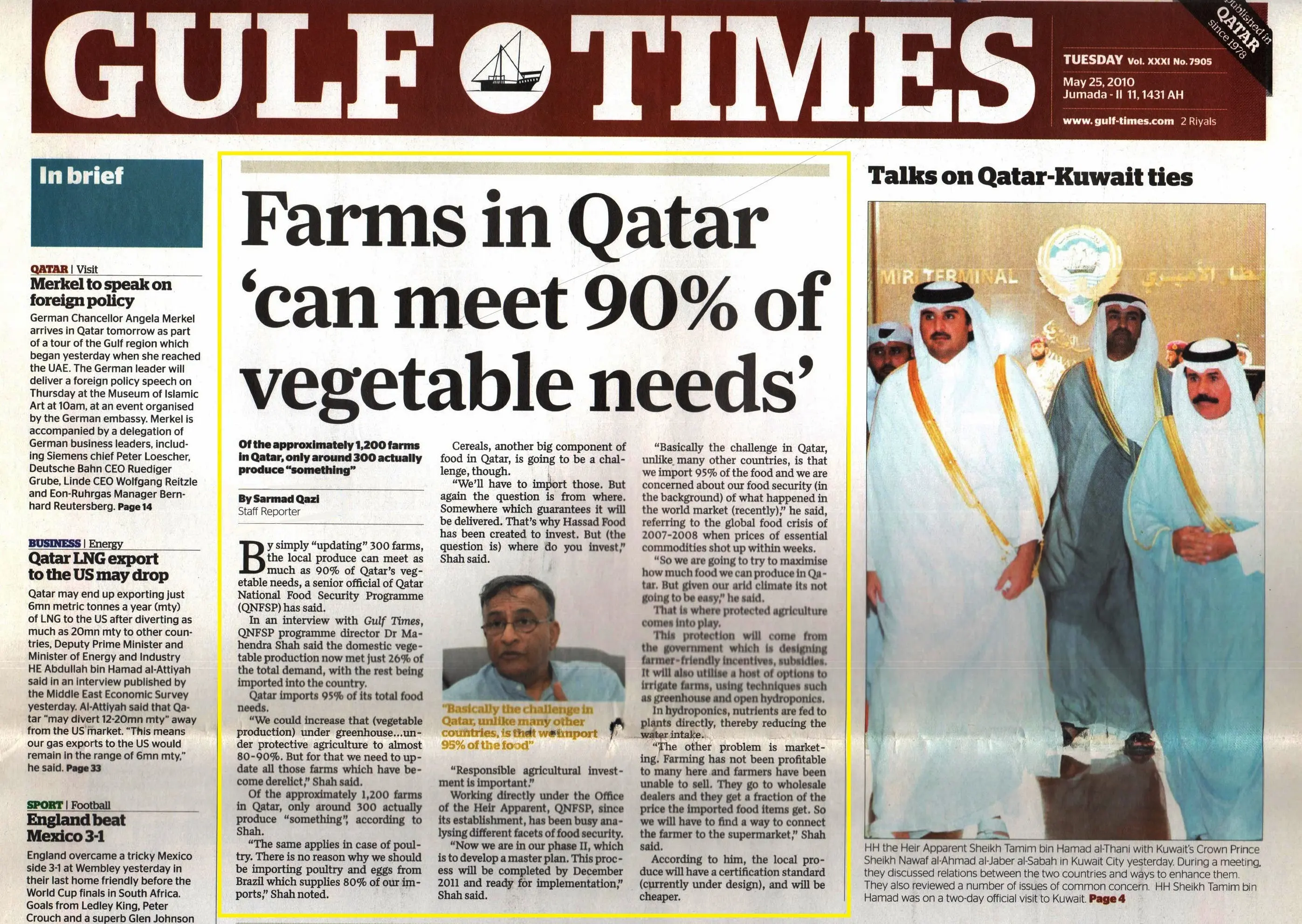 Original Gulf Times clipping: Farms in Qatar 'can meet 90% of vegetable needs'