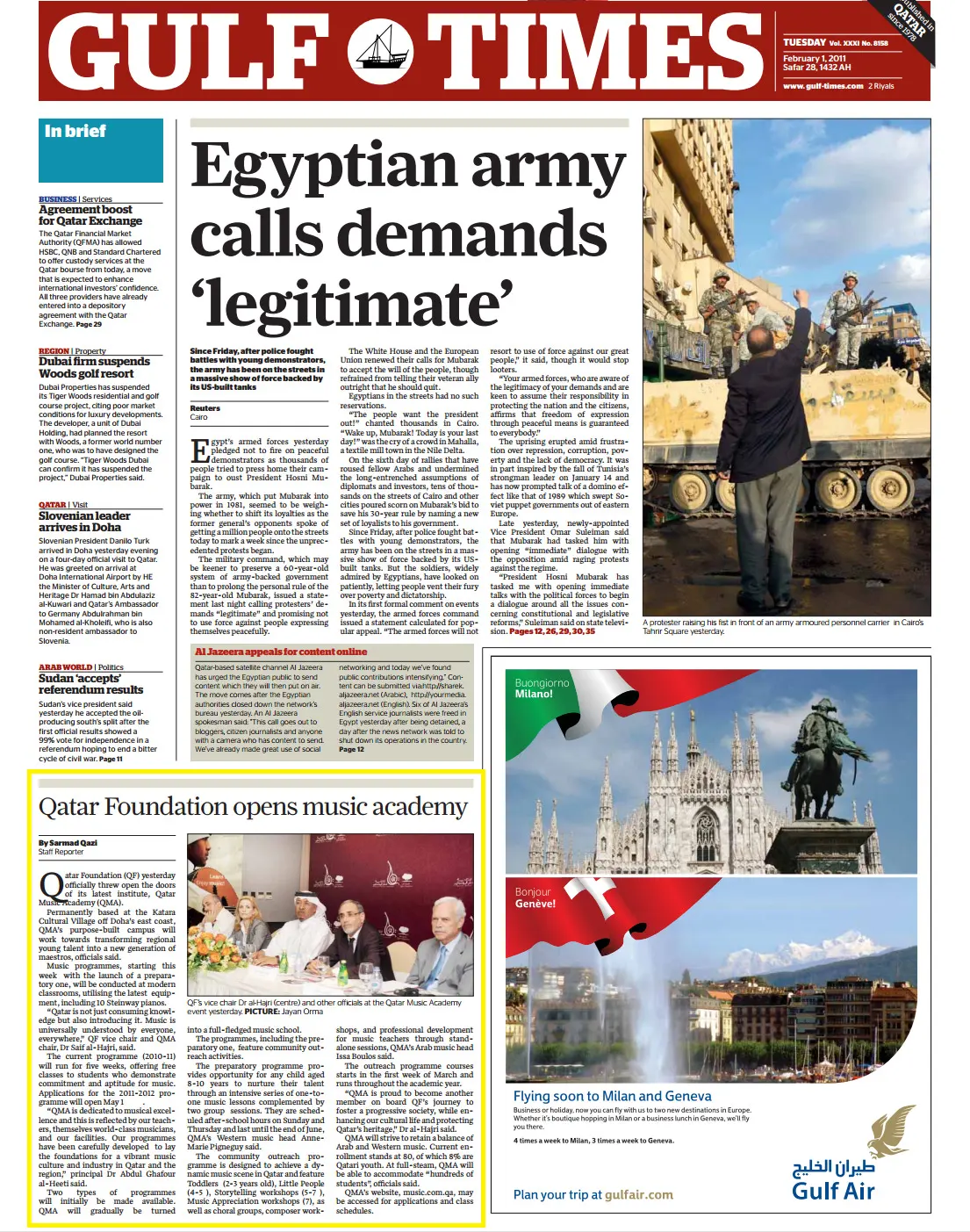 Original Gulf Times clipping: Qatar Foundation opens music academy