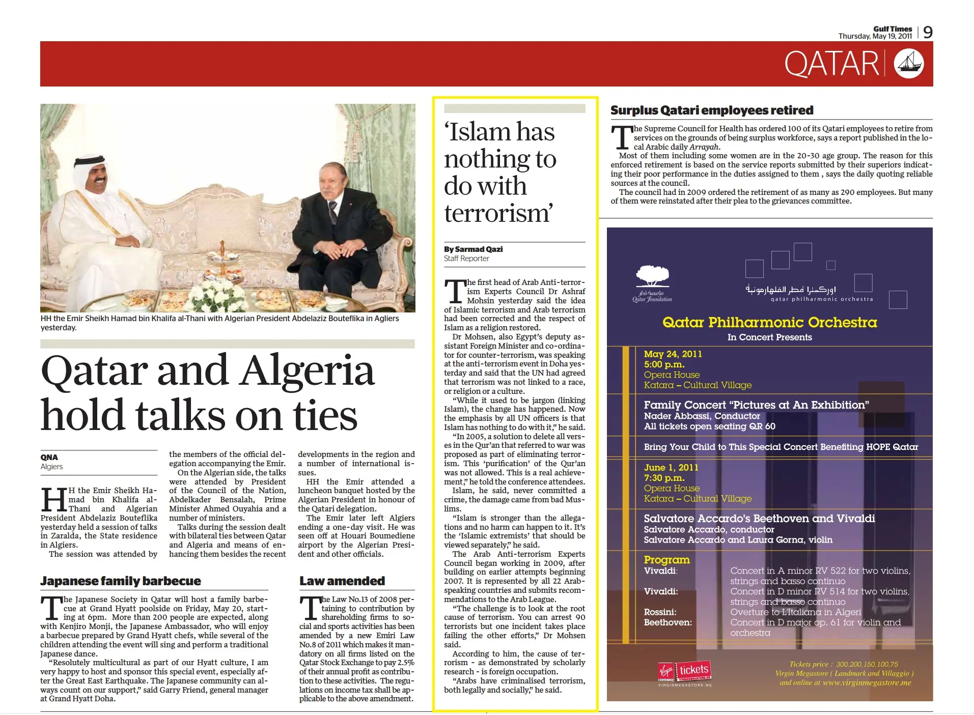 Original Gulf Times clipping: 'Islam has nothing to do with terrorism'