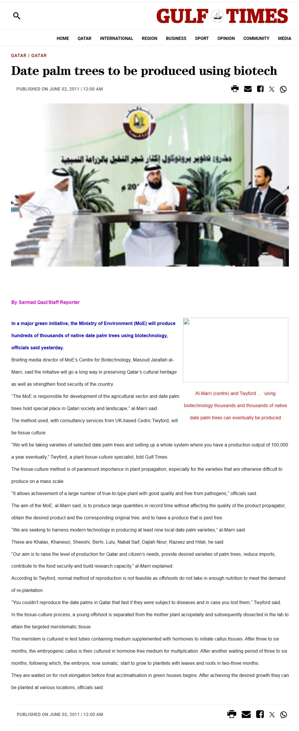 Original Gulf Times clipping: Date palm trees to be produced using biotech